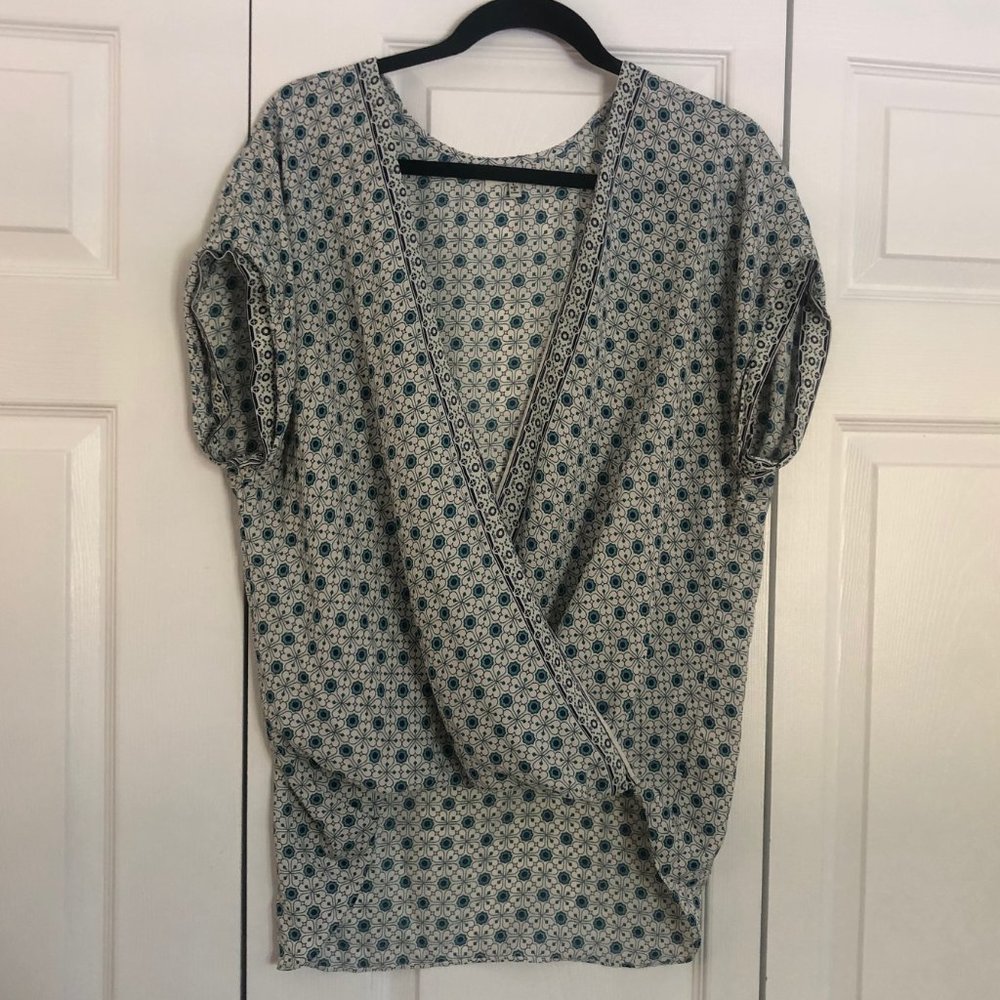 Max Studio Blouse, Size L, Navy/Green/White